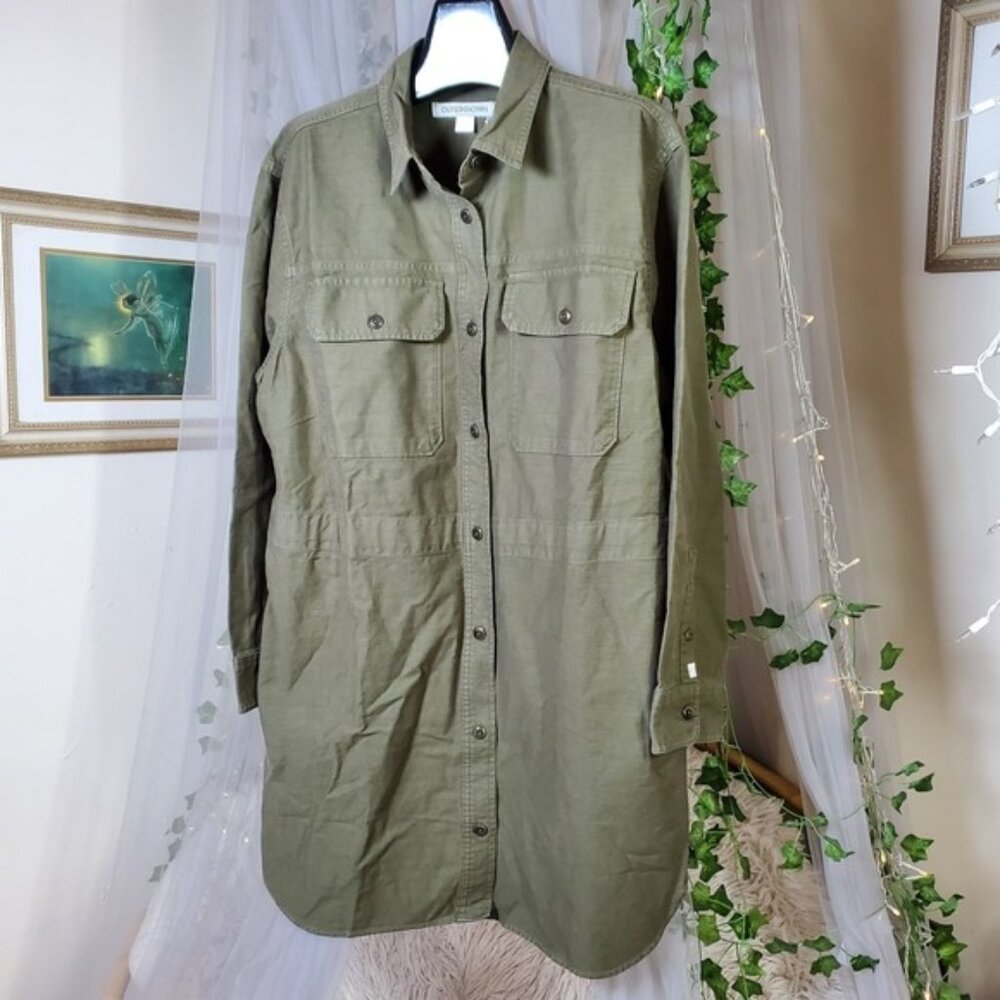 OuterKnown Shirt Dress Two Pocket Long Sleeve Button Up Size L  NWT $178 Organic